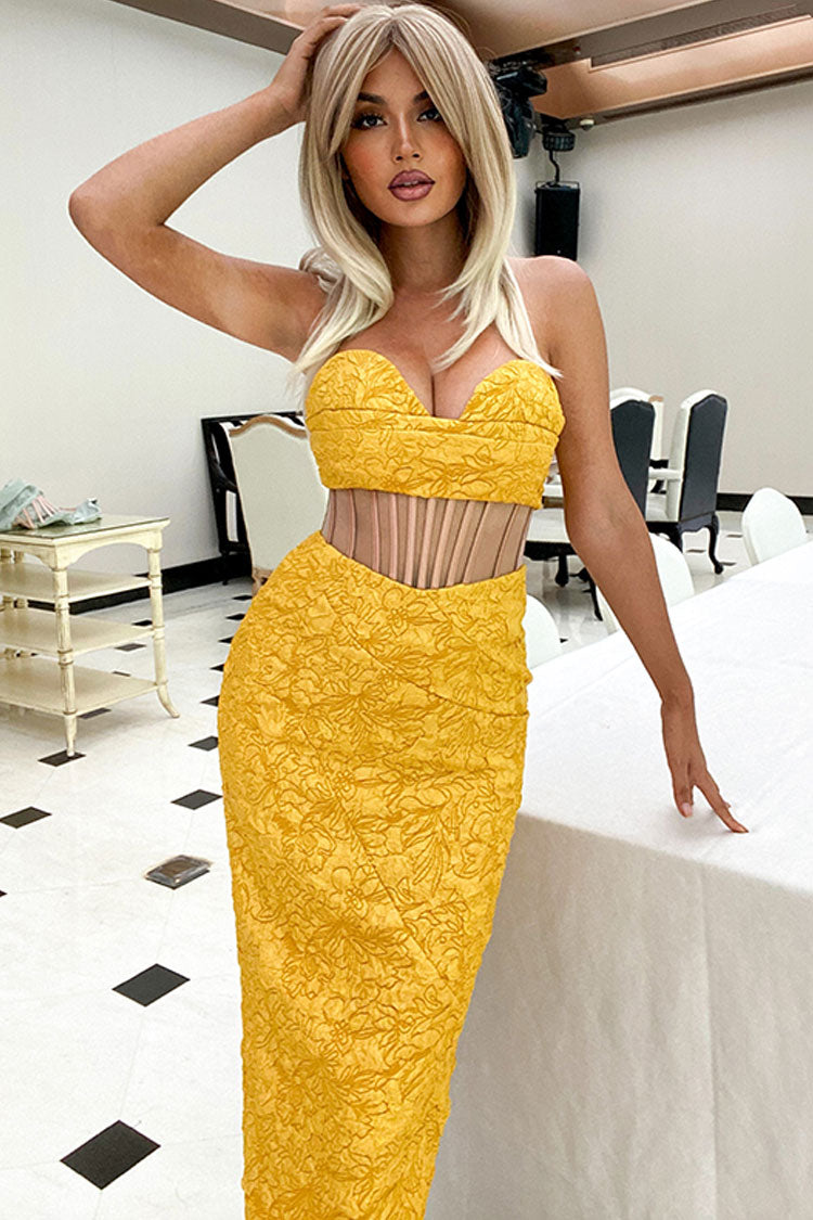 Floral Jacquard Strapless Corset Mesh Panel Midi Two-Piece Set
