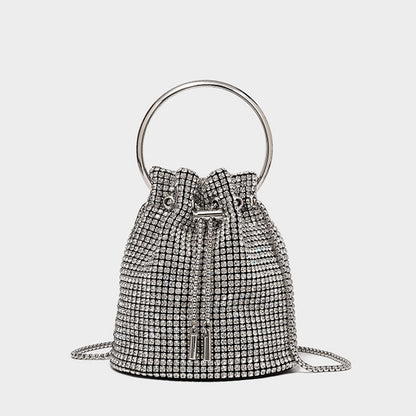 Crystal Embellished Silver Drawstring Crossbody Bucket Bag