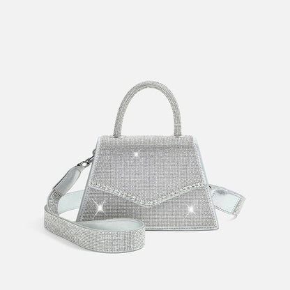 Crystal Embellished Foldover Top Handle Crossbody Bag in Silver