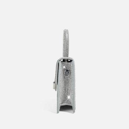 Crystal Embellished Foldover Top Handle Crossbody Bag in Silver