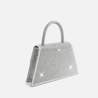 Crystal Embellished Foldover Top Handle Crossbody Bag in Silver