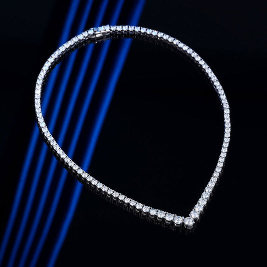 Sterling Silver V Shape Moissanite Tennis Necklace with Glittering Design