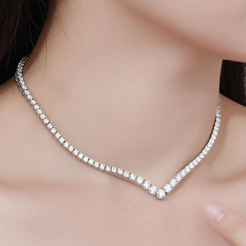 Sterling Silver V Shape Moissanite Tennis Necklace with Glittering Design