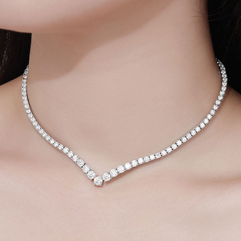 Sterling Silver V Shape Moissanite Tennis Necklace with Glittering Design