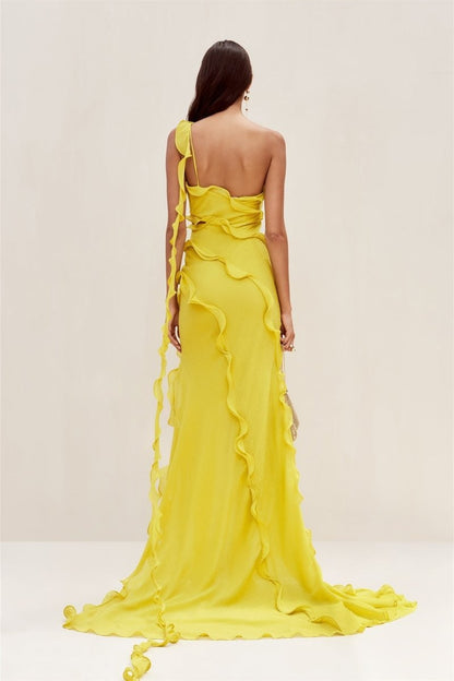 One Shoulder Ruffle Cascade Waist Cut Out Side Slit Chiffon Maxi Dress