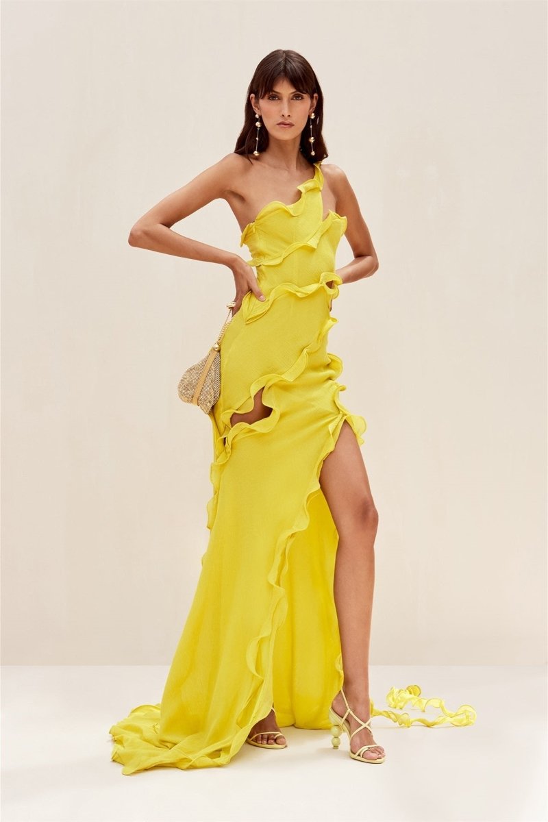 One Shoulder Ruffle Cascade Waist Cut Out Side Slit Chiffon Maxi Dress