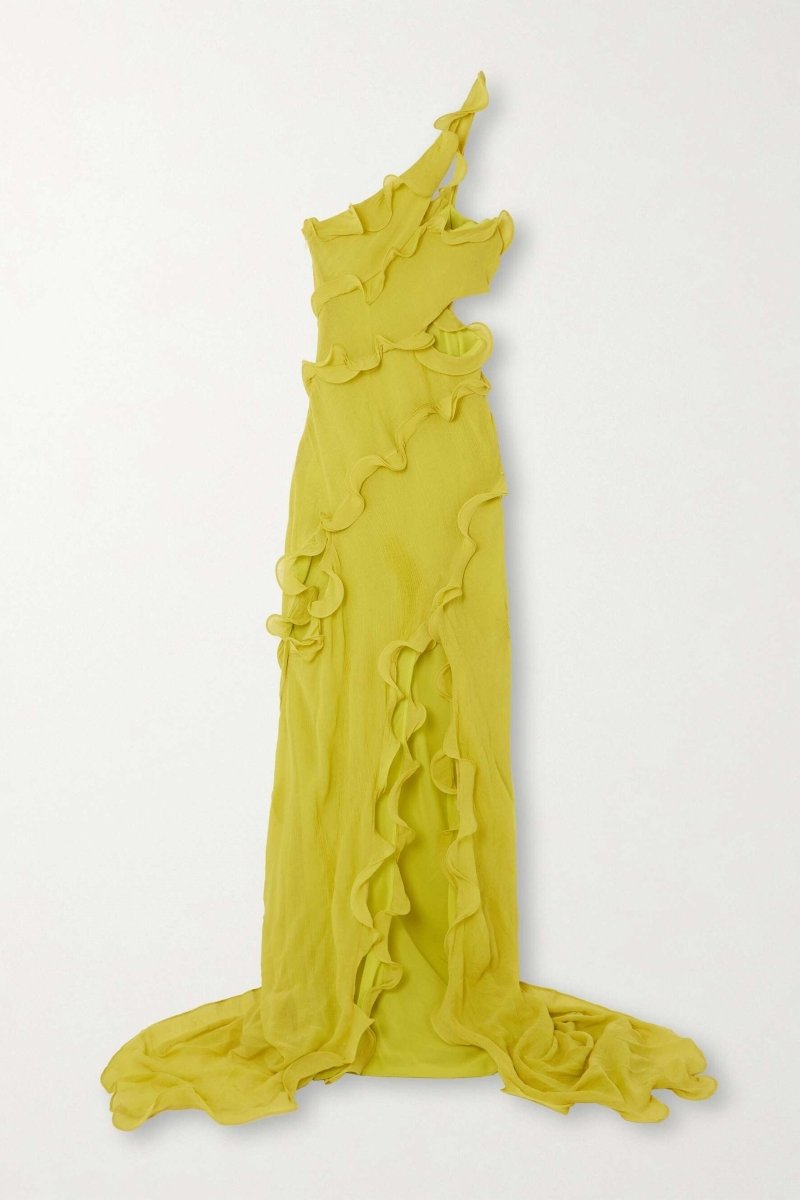 One Shoulder Ruffle Cascade Waist Cut Out Side Slit Chiffon Maxi Dress