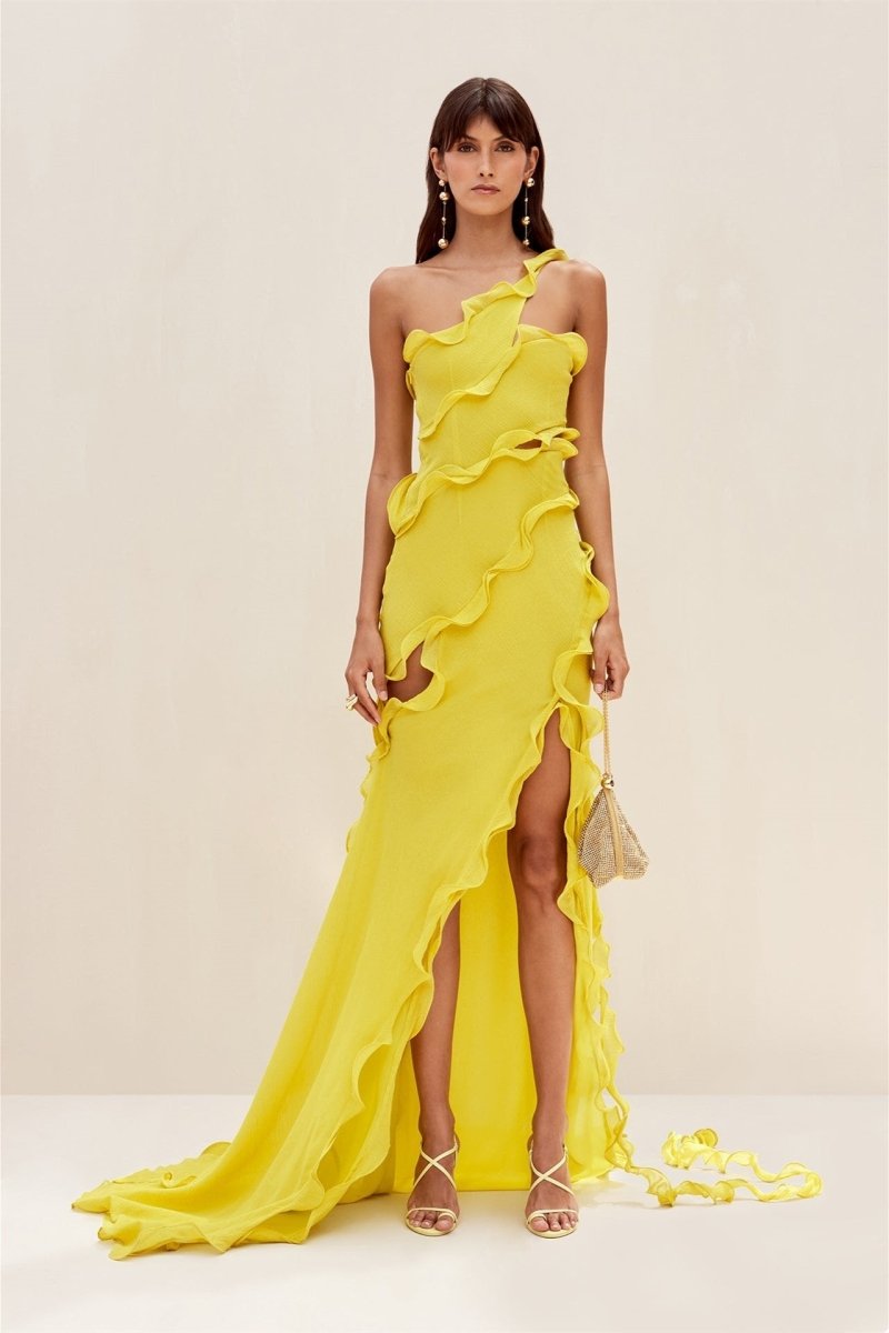 One Shoulder Ruffle Cascade Waist Cut Out Side Slit Chiffon Maxi Dress