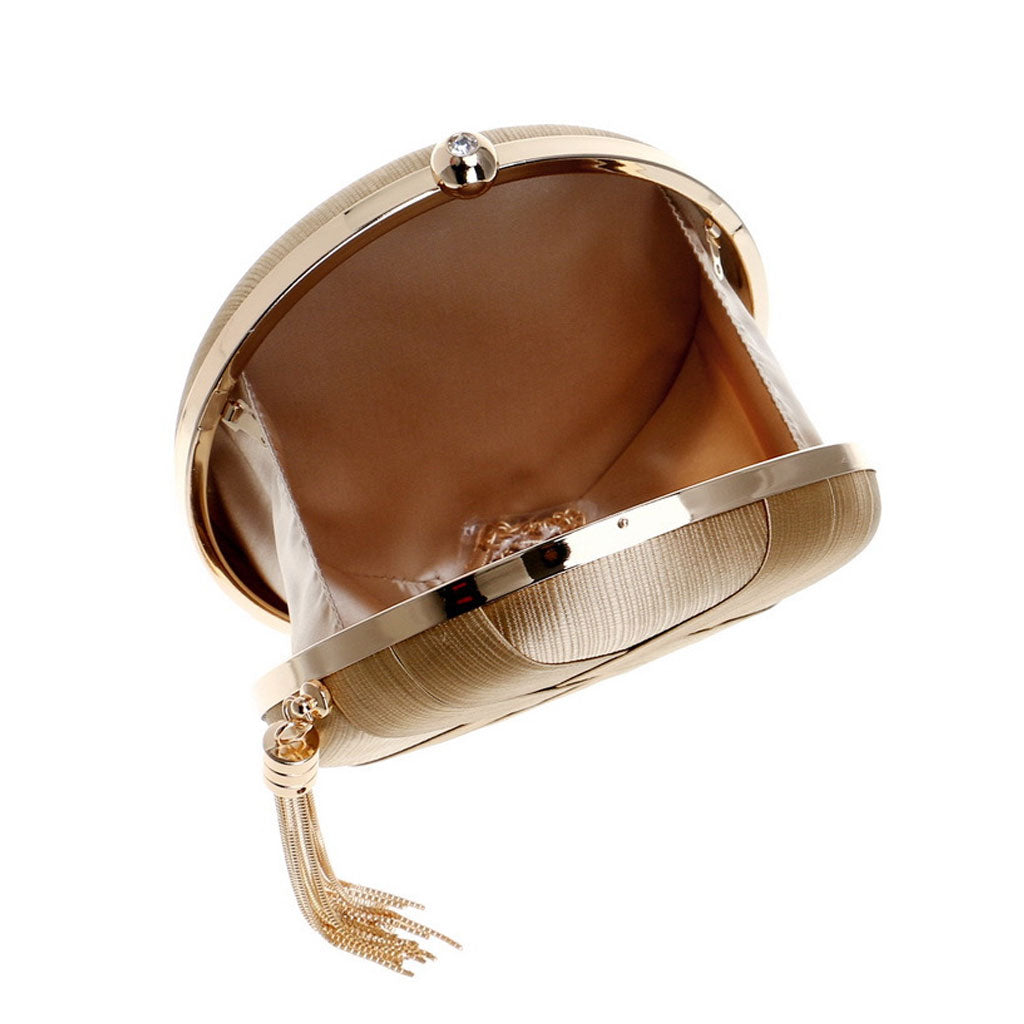 Fringe Trim Round Braided Satin Mini Clutch - Gold