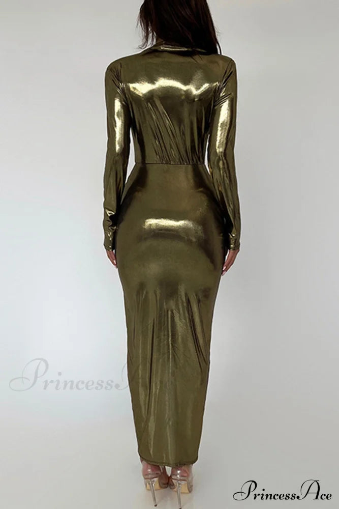 Glossy V Neck Ruched Slit Dress