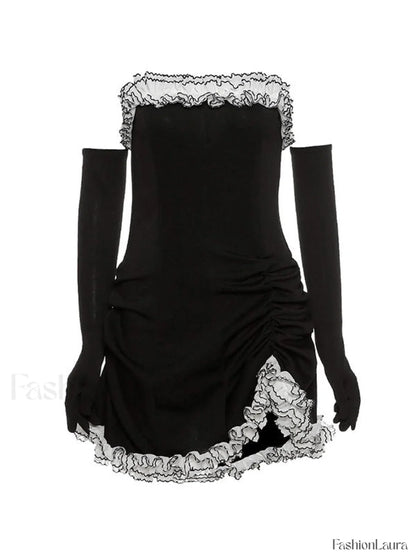 Gloves Detail Strapless Black Mini Dress