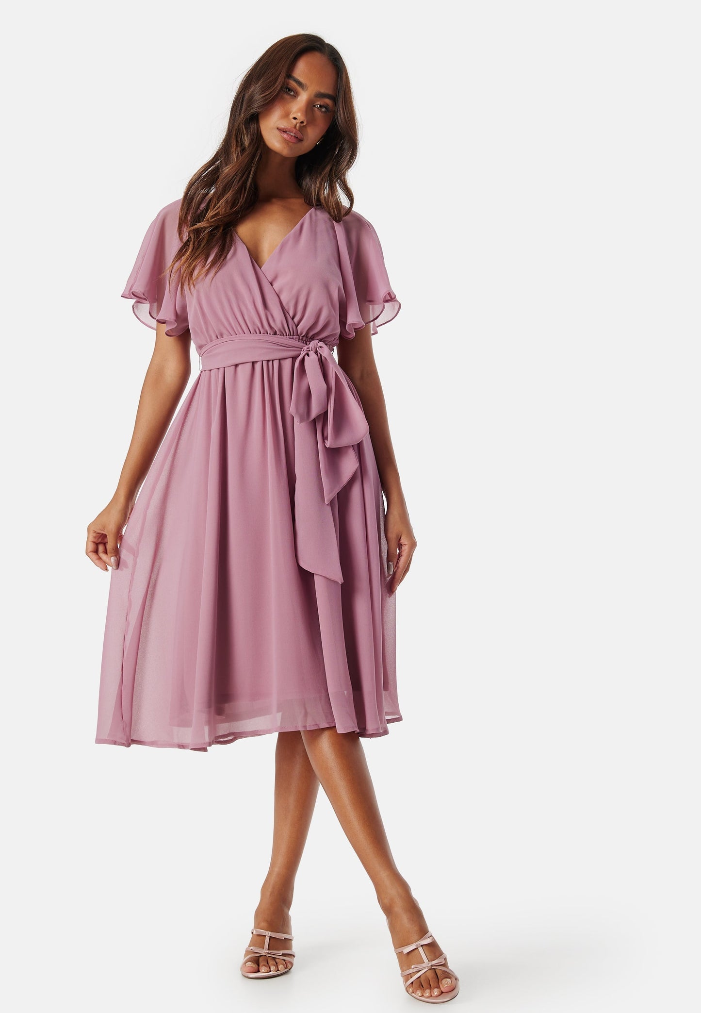 | Chiffon Wrap Midi Dress - Mauve Flutter Sleeve