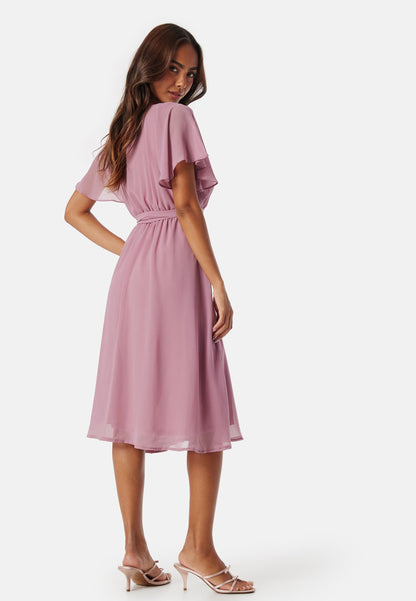 | Chiffon Wrap Midi Dress - Mauve Flutter Sleeve