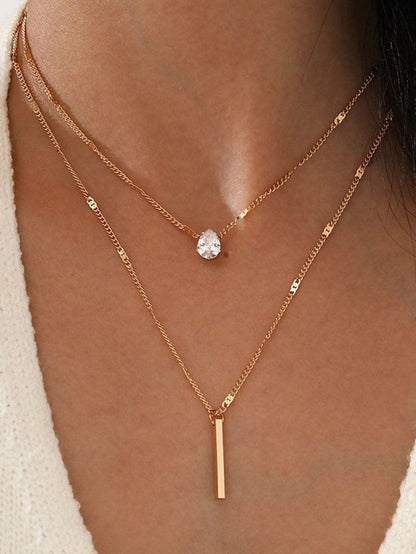 Gold Double-Layer Rhinestone Pendant Necklace