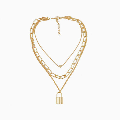 Layered Chain-Link Gold Lock Pendant Necklace