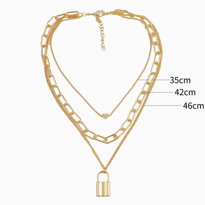 Layered Chain-Link Gold Lock Pendant Necklace