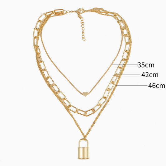 Layered Chain-Link Gold Lock Pendant Necklace