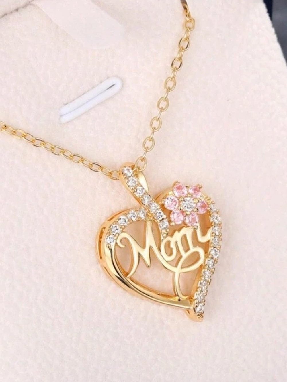 Golden Mom Heart Pendant with Rhinestone Floral Cut-out