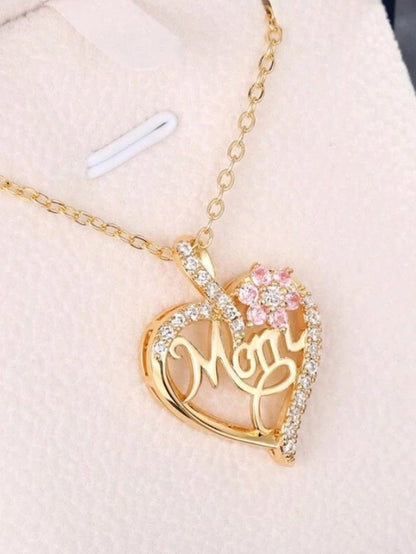 Golden Mom Heart Pendant with Rhinestone Floral Cut-out