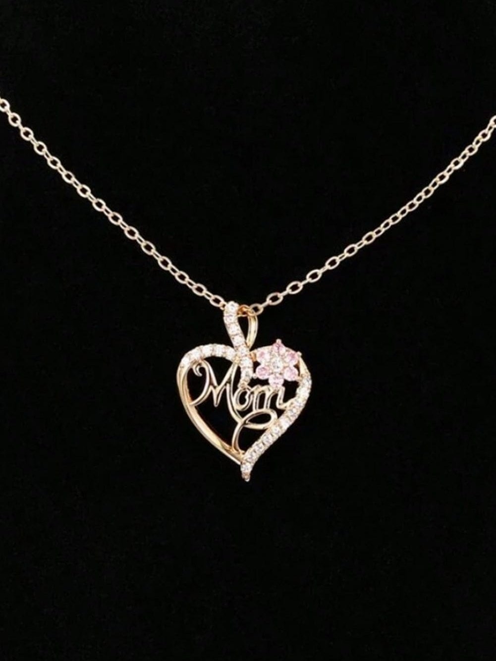 Golden Mom Heart Pendant with Rhinestone Floral Cut-out
