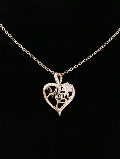 Golden Mom Heart Pendant with Rhinestone Floral Cut-out
