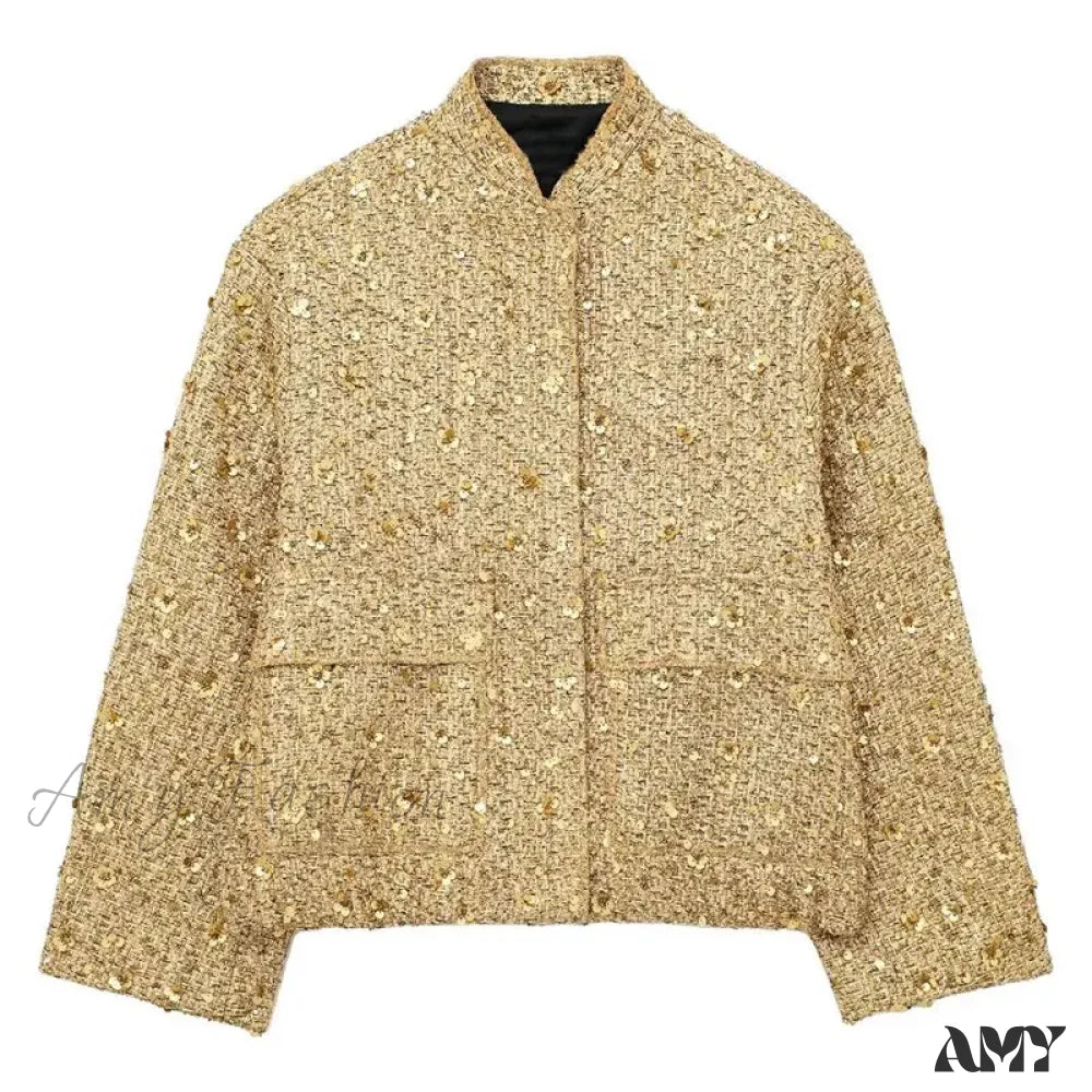 Gold Sequin Decoration Loose Short New Fashion Versatile Warm Chic Elegant Coat