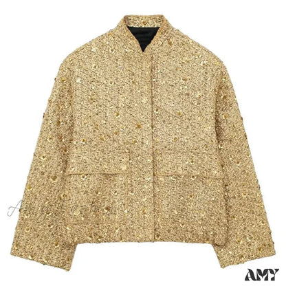 Gold Sequin Decoration Loose Short New Fashion Versatile Warm Chic Elegant Coat