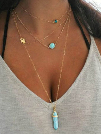 Turquoise Pendant Layered Necklace in Boho-Chic Gold