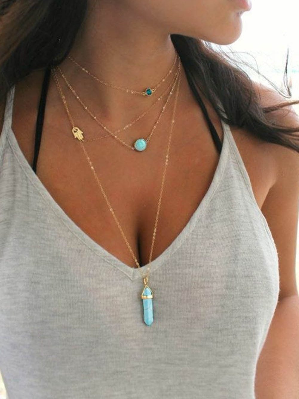 Turquoise Pendant Layered Necklace in Boho-Chic Gold