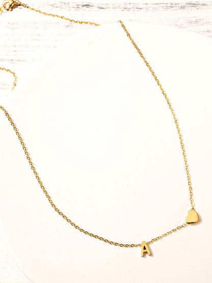 Gold Letter Pendant Necklace with Chained Heart Design