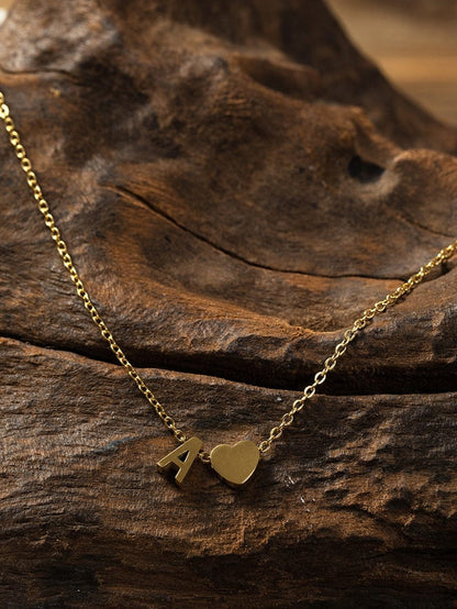 Gold Letter Pendant Necklace with Chained Heart Design