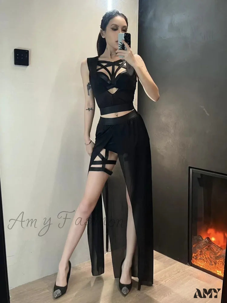 Goth Club Mesh Sexy Black Corsets Skirt Set Women Sleeveless Bra Bandage Slit Skirt Crop Top