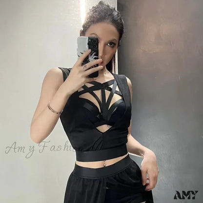 Goth Club Mesh Sexy Black Corsets Skirt Set Women Sleeveless Bra Bandage Slit Skirt Crop Top