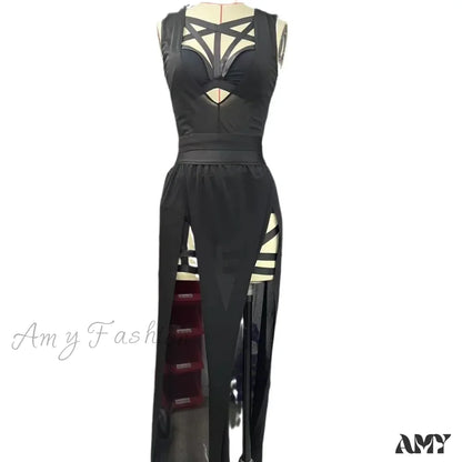 Goth Club Mesh Sexy Black Corsets Skirt Set Women Sleeveless Bra Bandage Slit Skirt Crop Top