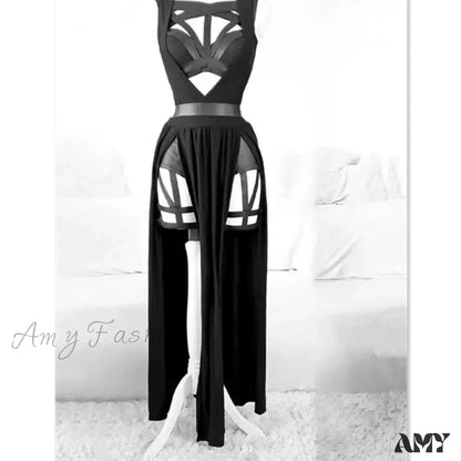 Goth Club Mesh Sexy Black Corsets Skirt Set Women Sleeveless Bra Bandage Slit Skirt Crop Top