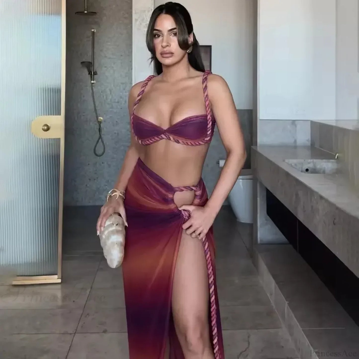Gradient Bikini Set with Long Skirt Three Piece Swimsuit