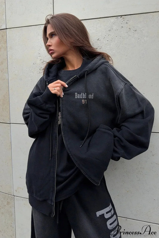 Gradient Letter Distressed Zip Hoodie