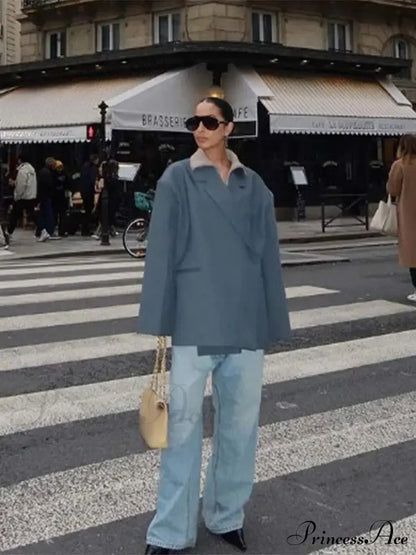 Gray Lapel Buttoned Elegant Loose Long Sleeves New Fashionable Stylish Coat