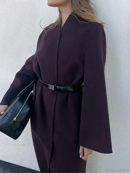Gray Woolen Turn-Down Collar Overcoat
