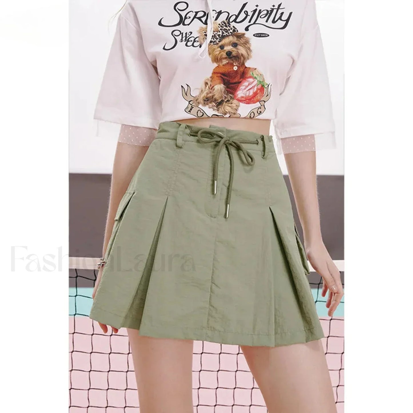 Green Pleated Sporty A-Line Skirt