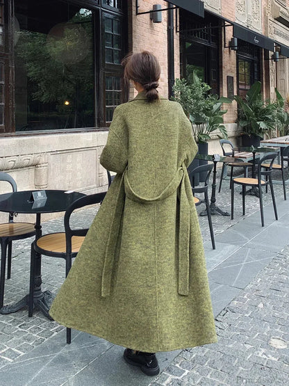 Green Wool Lapel Double-Breasted Overcoat