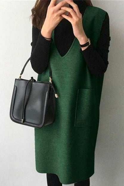 Margovil V Neck Sleeveless Woolen Vest Pocketed Dress (6 colors Available)