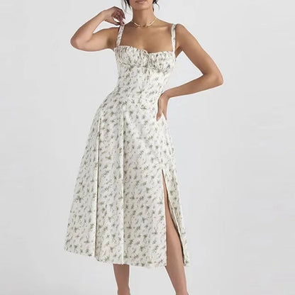 Aurora Floral Corset Midi Dress | Sweetheart Neckline, Slit Skirt, Spaghetti Straps