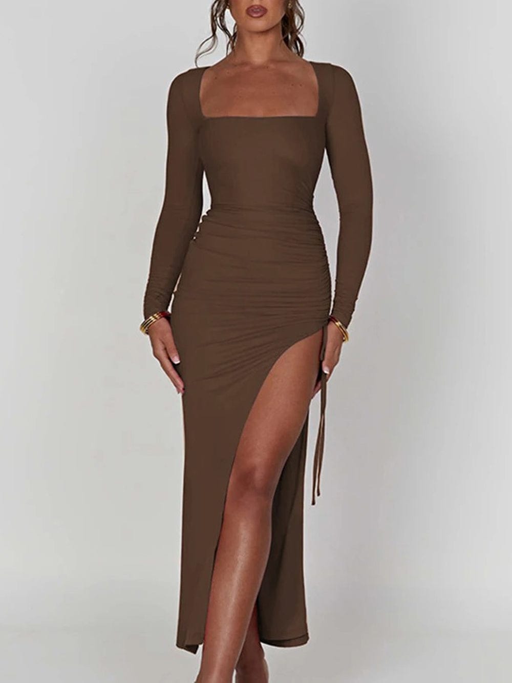 Square Neck Ruched Side Slit Long Sleeve Bodycon Maxi Dress