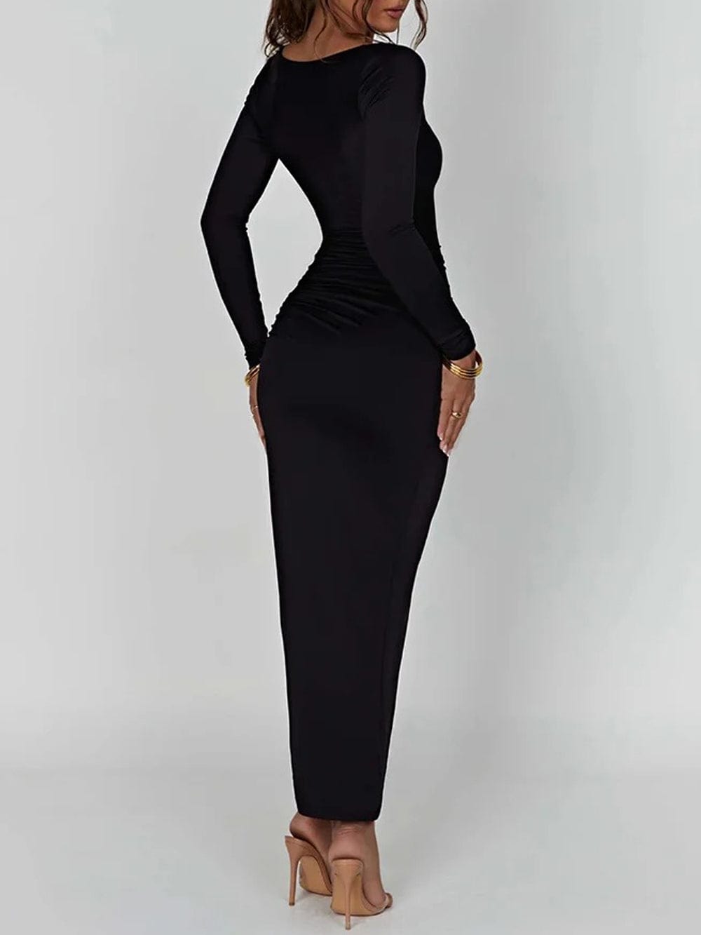 Square Neck Ruched Side Slit Long Sleeve Bodycon Maxi Dress