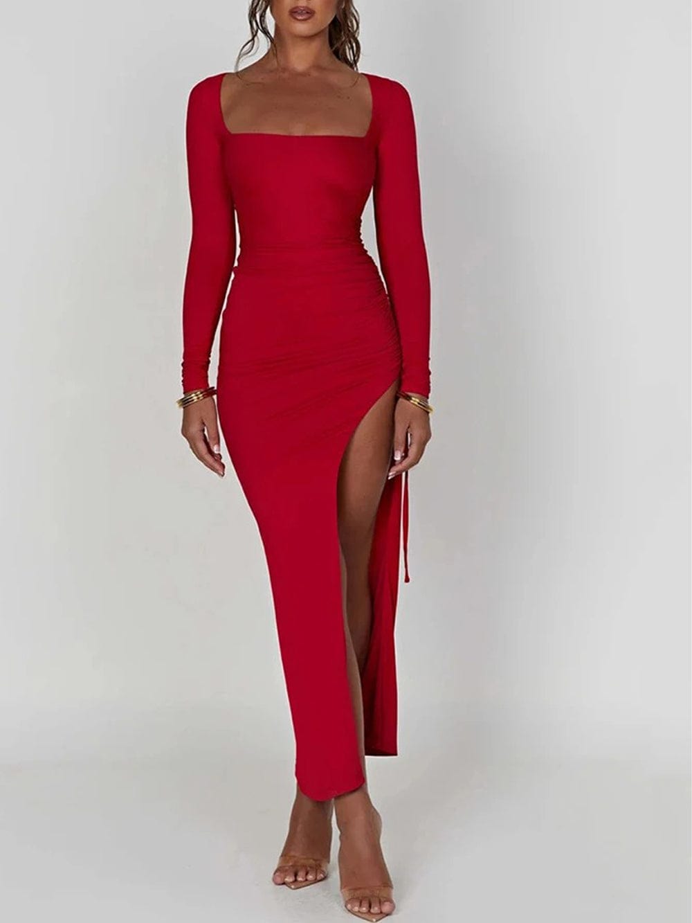 Square Neck Ruched Side Slit Long Sleeve Bodycon Maxi Dress