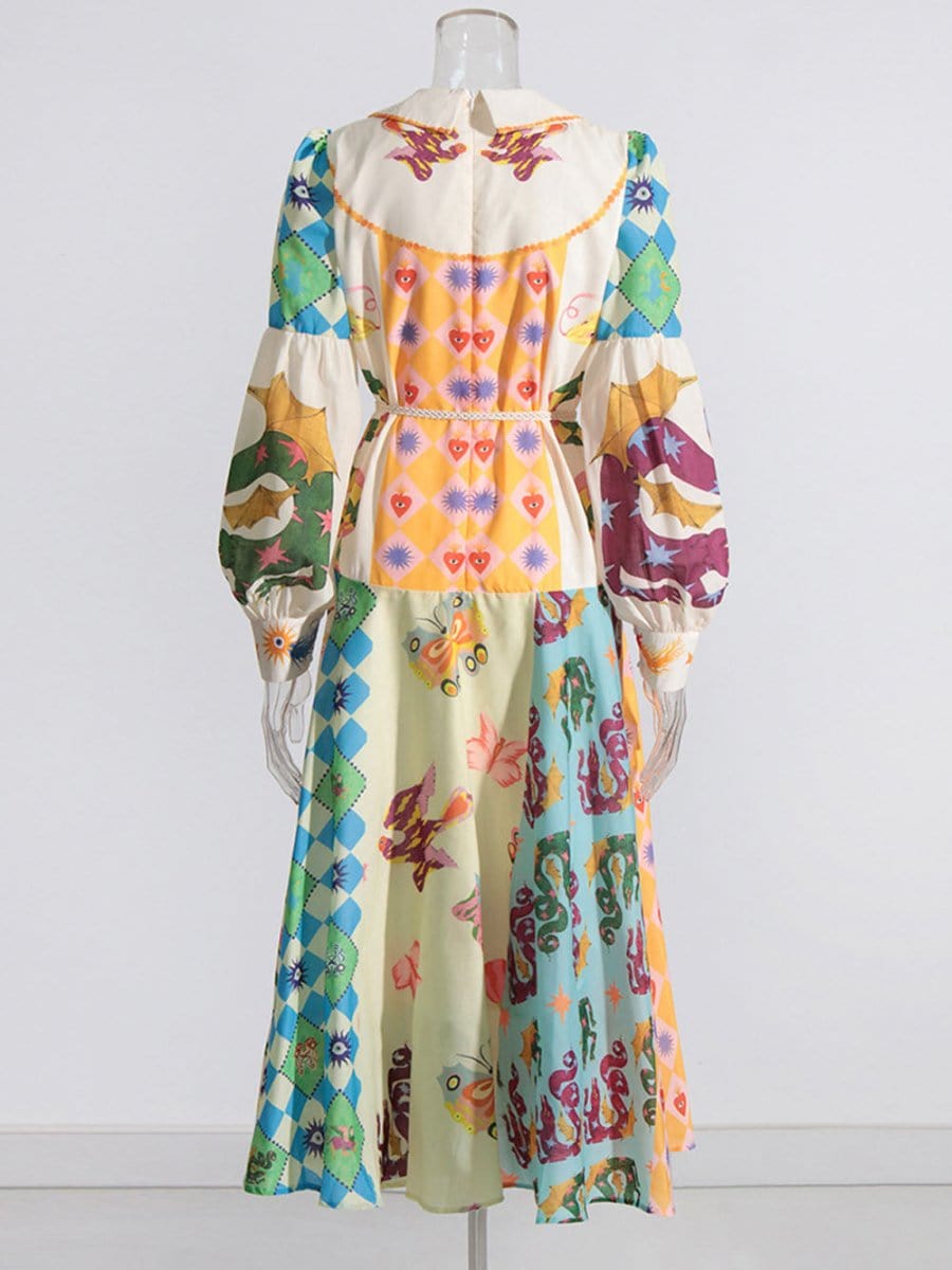 Sacred Heart Harlequin Print Collared Button-Front Bishop Sleeve Patchwork Midi Dress