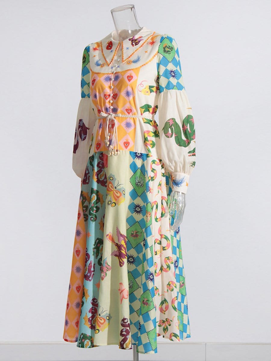 Sacred Heart Harlequin Print Collared Button-Front Bishop Sleeve Patchwork Midi Dress