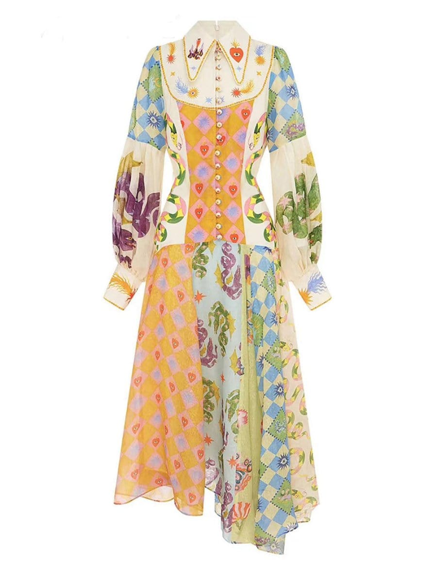 Sacred Heart Harlequin Print Collared Button-Front Bishop Sleeve Patchwork Midi Dress