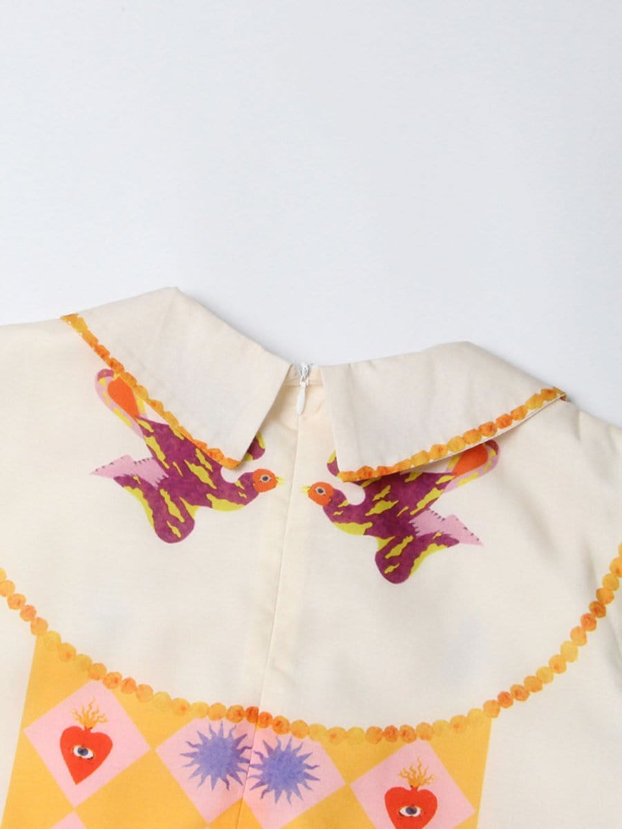 Sacred Heart Harlequin Print Collared Button-Front Bishop Sleeve Patchwork Midi Dress